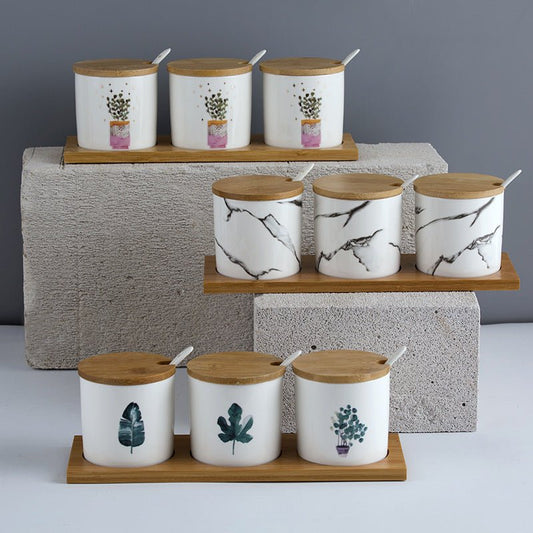 Three-Piece Ceramic Seasoning Jar With Lid $38.88 Dana Fashion style: Cat Size: 3pcs Dana's Kitchen Product information: Material: Ceramic Type of seasoning that can be loaded: solid seasoning Specifications: set of three small pots of marble, set of thre