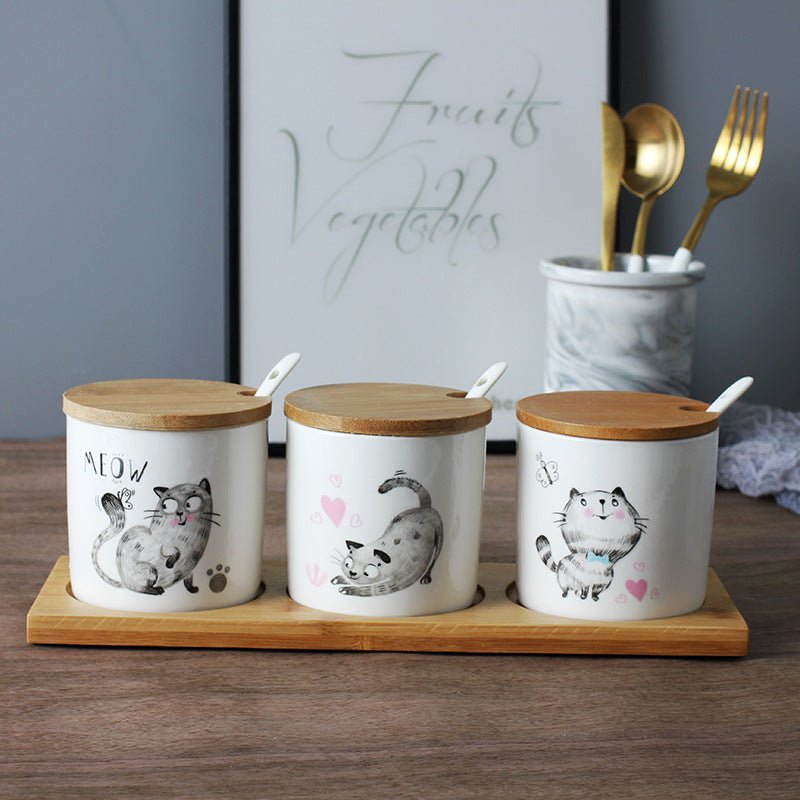Three-Piece Ceramic Seasoning Jar With Lid $38.88 Dana Fashion style: Cat Size: 3pcs Dana's Kitchen Product information: Material: Ceramic Type of seasoning that can be loaded: solid seasoning Specifications: set of three small pots of marble, set of thre