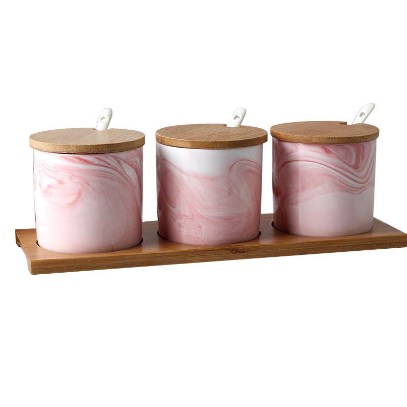 Three-Piece Ceramic Seasoning Jar With Lid $38.88 Dana Fashion style: Pink marbling Size: 3pcs Dana's Kitchen Product information: Material: Ceramic Type of seasoning that can be loaded: solid seasoning Specifications: set of three small pots of marble, s