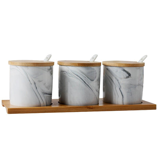 Three-Piece Ceramic Seasoning Jar With Lid $38.88 Dana Fashion style: Grey marbled Size: 3pcs Dana's Kitchen Product information: Material: Ceramic Type of seasoning that can be loaded: solid seasoning Specifications: set of three small pots of marble, se