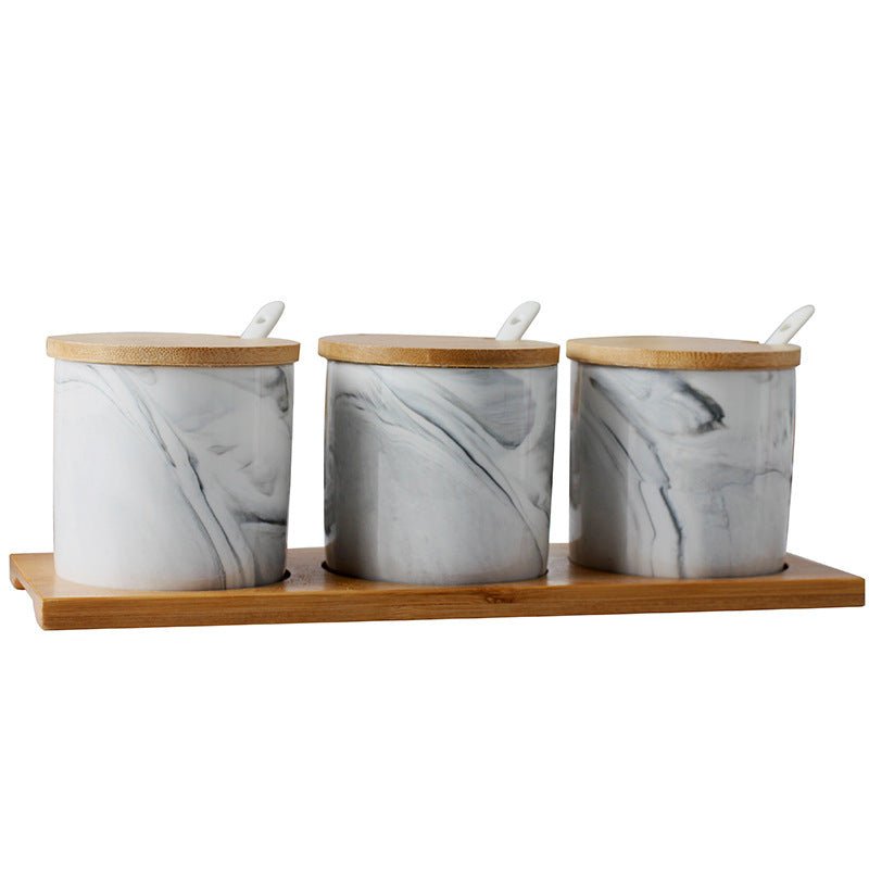 Three-Piece Ceramic Seasoning Jar With Lid $38.88 Dana Fashion style: Grey marbled Size: 3pcs Dana's Kitchen Product information: Material: Ceramic Type of seasoning that can be loaded: solid seasoning Specifications: set of three small pots of marble, se