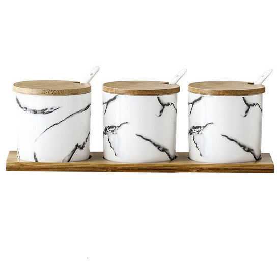 Three-Piece Ceramic Seasoning Jar With Lid $38.88 Dana Fashion style: Marbling Size: 3pcs Dana's Kitchen Product information: Material: Ceramic Type of seasoning that can be loaded: solid seasoning Specifications: set of three small pots of marble, set of