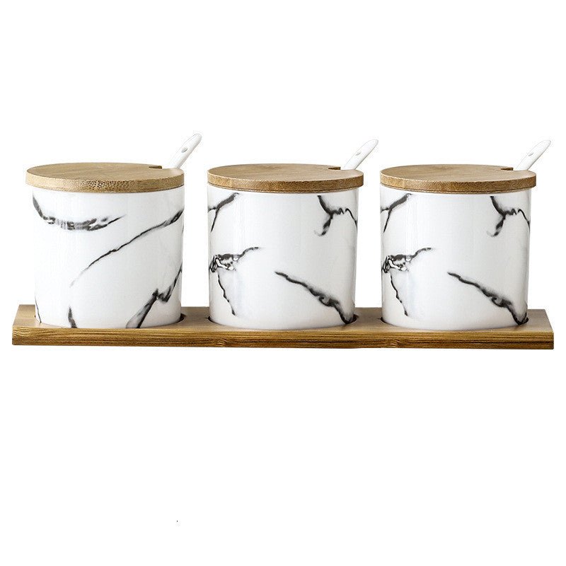 Three-Piece Ceramic Seasoning Jar With Lid $38.88 Dana Fashion style: Marbling Size: 3pcs Dana's Kitchen Product information: Material: Ceramic Type of seasoning that can be loaded: solid seasoning Specifications: set of three small pots of marble, set of