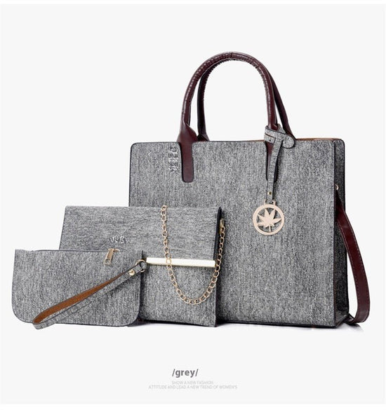 Three-piece Handbag Shoulder Crossbody $54.36 Dana Fashion Color: Gray Women's Bags Product information: Lining texture: Polyester Applicable scenario: Daily configuration Color: yellow, black, dark blue, denim blue, gray Outer bag type: Sandwich pocket H