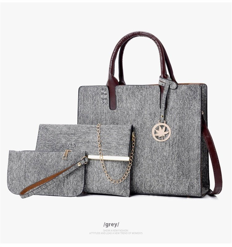 Three-piece Handbag Shoulder Crossbody $54.36 Dana Fashion Color: Gray Women's Bags Product information: Lining texture: Polyester Applicable scenario: Daily configuration Color: yellow, black, dark blue, denim blue, gray Outer bag type: Sandwich pocket H