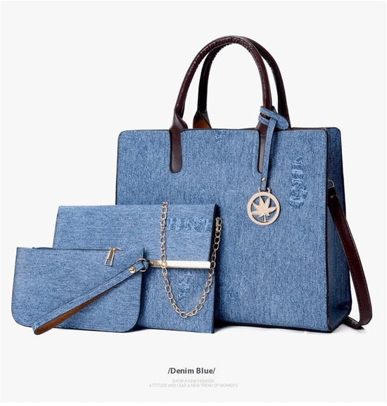 Three-piece Handbag Shoulder Crossbody $54.36 Dana Fashion Color: Denim Blue Women's Bags Product information: Lining texture: Polyester Applicable scenario: Daily configuration Color: yellow, black, dark blue, denim blue, gray Outer bag type: Sandwich po