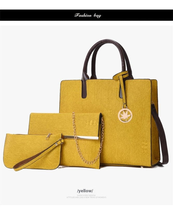 Three-piece Handbag Shoulder Crossbody $54.36 Dana Fashion Color: Yellow Women's Bags Product information: Lining texture: Polyester Applicable scenario: Daily configuration Color: yellow, black, dark blue, denim blue, gray Outer bag type: Sandwich pocket