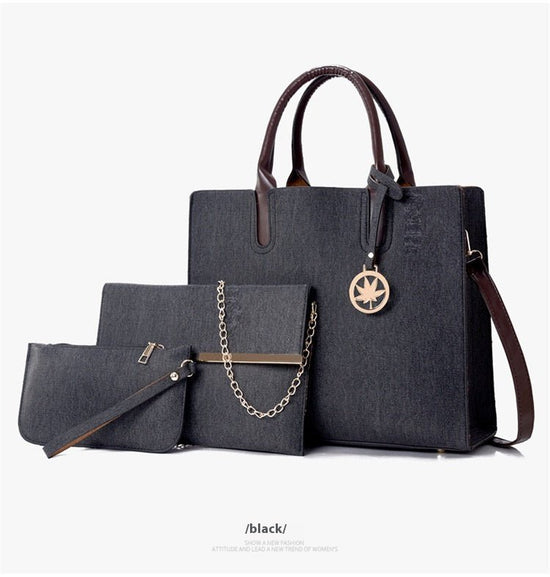 Three-piece Handbag Shoulder Crossbody $54.36 Dana Fashion Color: Black Women's Bags Product information: Lining texture: Polyester Applicable scenario: Daily configuration Color: yellow, black, dark blue, denim blue, gray Outer bag type: Sandwich pocket