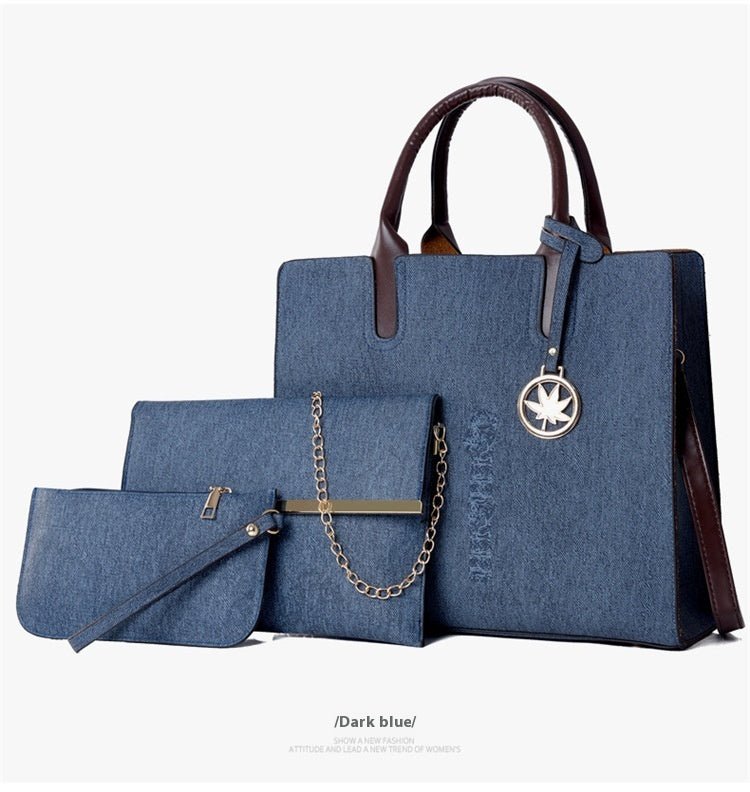 Three-piece Handbag Shoulder Crossbody $54.36 Dana Fashion Color: Dark Blue Women's Bags Product information: Lining texture: Polyester Applicable scenario: Daily configuration Color: yellow, black, dark blue, denim blue, gray Outer bag type: Sandwich poc