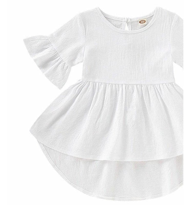 Toddler Kids Baby Girls Flare Short Sleeve Cotton Solid $40.97 Dana Fashion Color: White Size: 12M Baby Clothing Product information： Fashion design, 100% Brand New, high quality! Materia1:Cotton Blend Pattern Type:Cartoon Collar:0- neck Sleeve length: Sh