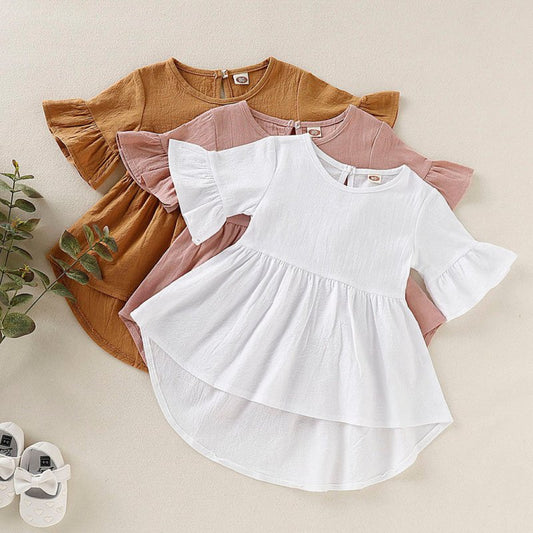 Toddler Kids Baby Girls Flare Short Sleeve Cotton Solid $40.97 Dana Fashion Color: Brown Size: 12M Baby Clothing Product information： Fashion design, 100% Brand New, high quality! Materia1:Cotton Blend Pattern Type:Cartoon Collar:0- neck Sleeve length: Sh