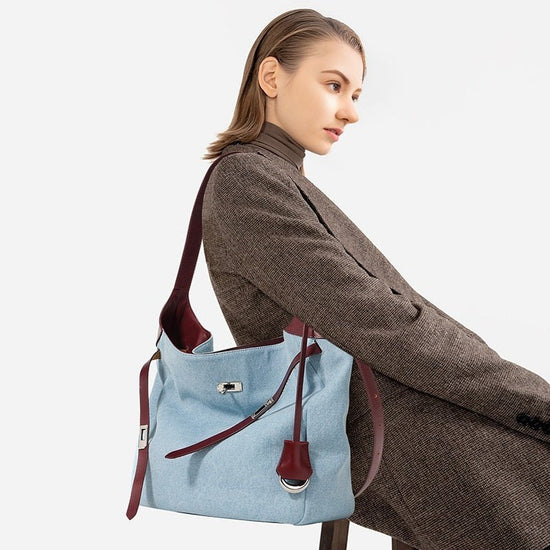 Top Layer Cowhide With Denim Fashion All-match Large Capacity Shoulder Tote Bag $49.00 Dana Fashion Color: Blue With Pink Women's Bags Product information: Lining texture: polyester cotton Color: blue and wine red, blue and pink Processing Method: soft su
