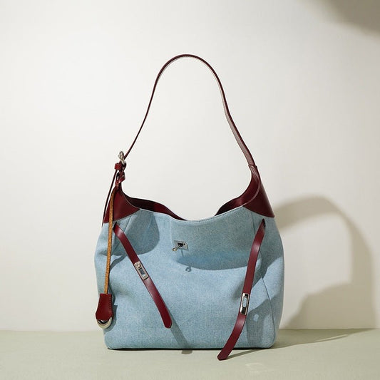 Top Layer Cowhide With Denim Fashion All-match Large Capacity Shoulder Tote Bag $49.00 Dana Fashion Color: Blue With Pink Women's Bags Product information: Lining texture: polyester cotton Color: blue and wine red, blue and pink Processing Method: soft su