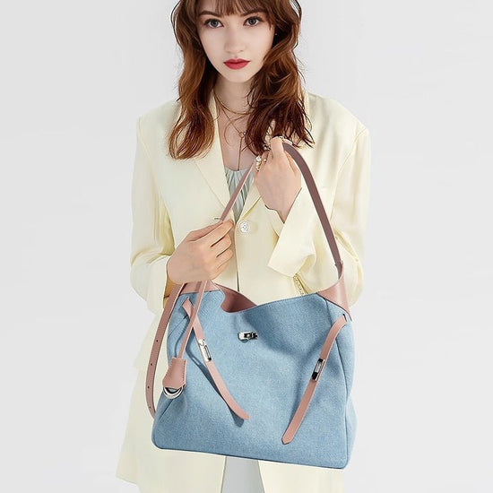 Top Layer Cowhide With Denim Fashion All-match Large Capacity Shoulder Tote Bag $49.00 Dana Fashion Color: Blue With Pink Women's Bags Product information: Lining texture: polyester cotton Color: blue and wine red, blue and pink Processing Method: soft su
