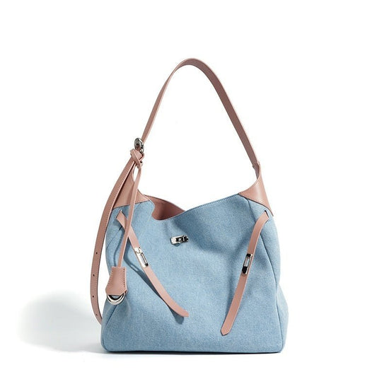 Top Layer Cowhide With Denim Fashion All-match Large Capacity Shoulder Tote Bag $49.00 Dana Fashion Color: Blue With Pink Women's Bags Product information: Lining texture: polyester cotton Color: blue and wine red, blue and pink Processing Method: soft su