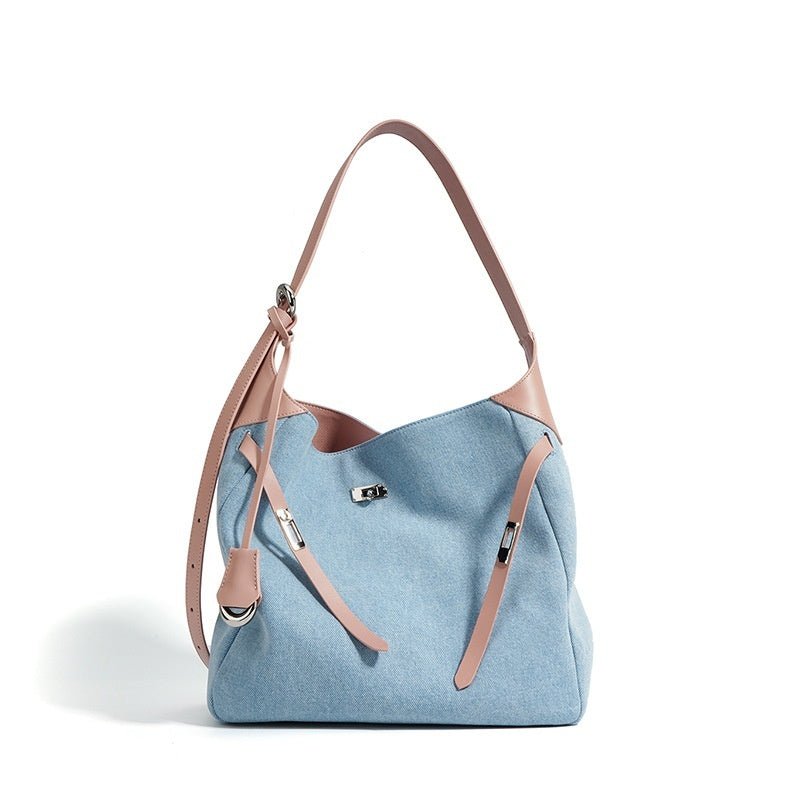 Top Layer Cowhide With Denim Fashion All-match Large Capacity Shoulder Tote Bag $49.00 Dana Fashion Color: Blue With Pink Women's Bags Product information: Lining texture: polyester cotton Color: blue and wine red, blue and pink Processing Method: soft su