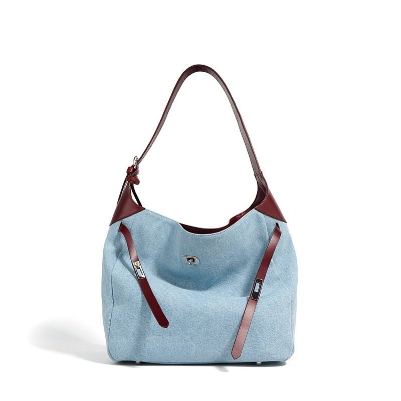 Top Layer Cowhide With Denim Fashion All-match Large Capacity Shoulder Tote Bag $49.00 Dana Fashion Color: Blue With Wine Red Women's Bags Product information: Lining texture: polyester cotton Color: blue and wine red, blue and pink Processing Method: sof