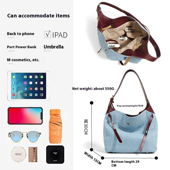 Top Layer Cowhide With Denim Fashion All-match Large Capacity Shoulder Tote Bag $49.00 Dana Fashion Color: Blue With Pink Women's Bags Product information: Lining texture: polyester cotton Color: blue and wine red, blue and pink Processing Method: soft su