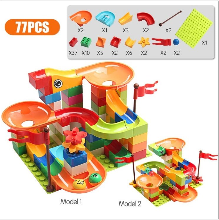 Track Building Blocks $114.17 Dana Fashion style: 77pcs Toys & Hobbies Product Name: DIY Variety Slide Block Applicable age: 1.5 years old and above Product material: ABS material Product packaging: color box packaging