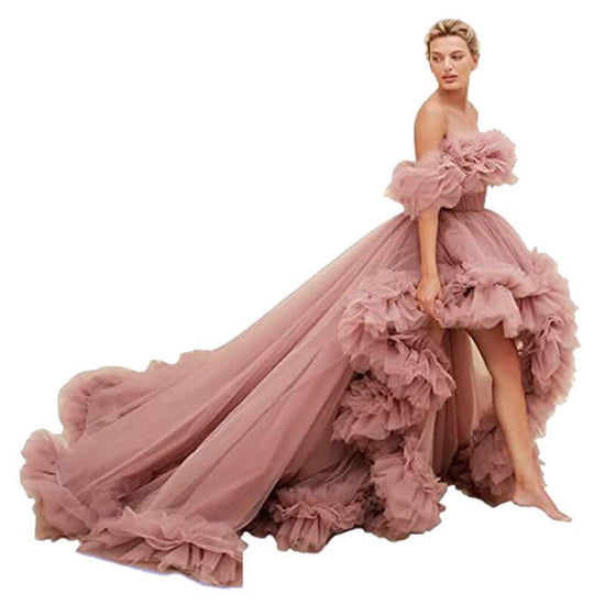 Tube Top Short Front And Long Back Dress $239.50 Dana Fashion Color: Lotus Root Color Size: 10 Women's clothing Product information: Color: Orange, brick red, sea blue, watermelon red, Cyan, champagne, yellow green, yellow, purple, light purple, lotus roo