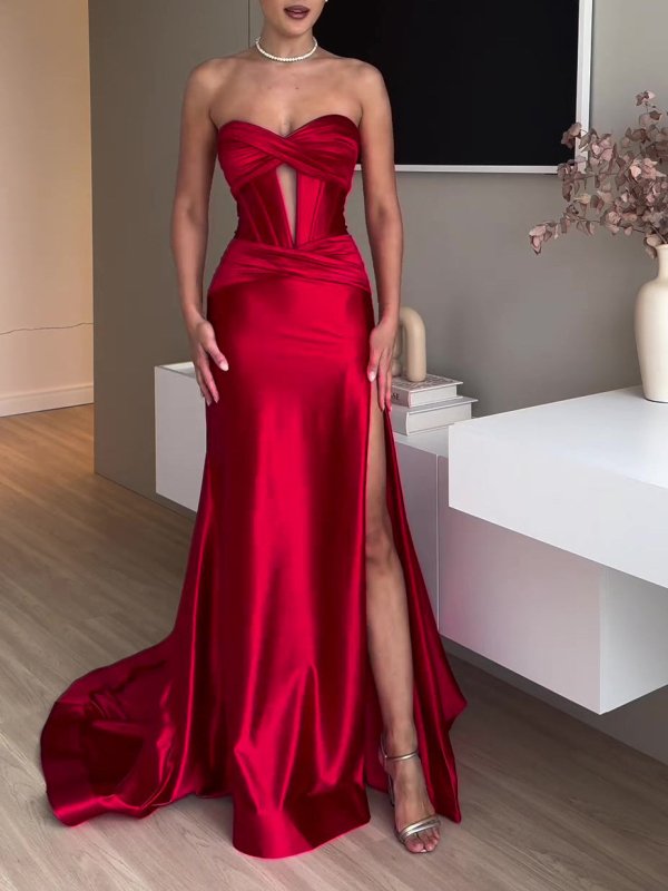 Tube Top Slit Red Extra Long Evening Dress $65.63 Dana Fashion Color: Red Size: L Women's clothing Details Design:Solid Color Style:Elegant Thickness: Regular Material: Polyester Occasion:Party，Wedding Size & Fit Dress Length:Maxi Elasticity:Inelastic Fit