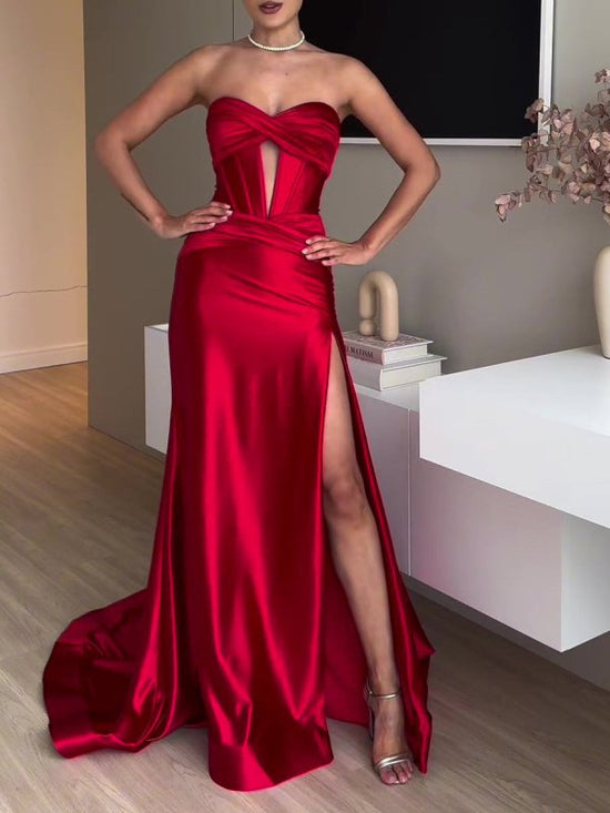 Tube Top Slit Red Extra Long Evening Dress $65.63 Dana Fashion Color: Red Size: L Women's clothing Details Design:Solid Color Style:Elegant Thickness: Regular Material: Polyester Occasion:Party，Wedding Size & Fit Dress Length:Maxi Elasticity:Inelastic Fit