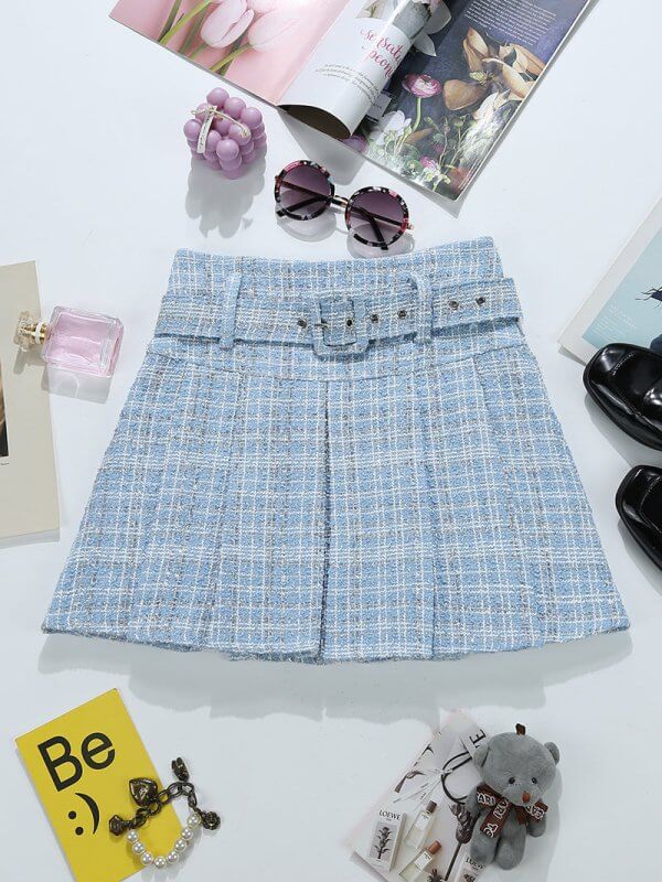 Tweed Bright Silk Plaid Skirt Women's High Sense A- Line $34.50 Dana Fashion Color: Blue Size: L Women's clothing Product information: Pattern: stripes/Plaid Fabric name: Tweed Skirt type: pleated skirt Color: apricot, pink, blue, black Elasticity: Micro