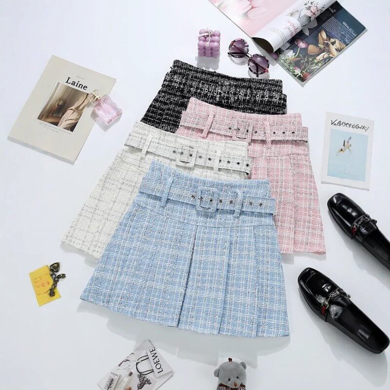 Tweed Bright Silk Plaid Skirt Women's High Sense A- Line $34.50 Dana Fashion Color: Apricot Size: L Women's clothing Product information: Pattern: stripes/Plaid Fabric name: Tweed Skirt type: pleated skirt Color: apricot, pink, blue, black Elasticity: Mic