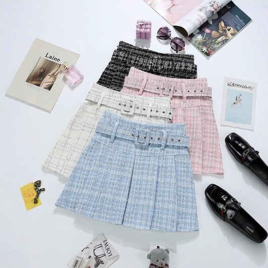 Tweed Bright Silk Plaid Skirt Women's High Sense A- Line $34.50 Dana Fashion Color: Apricot Size: L Women's clothing Product information: Pattern: stripes/Plaid Fabric name: Tweed Skirt type: pleated skirt Color: apricot, pink, blue, black Elasticity: Mic