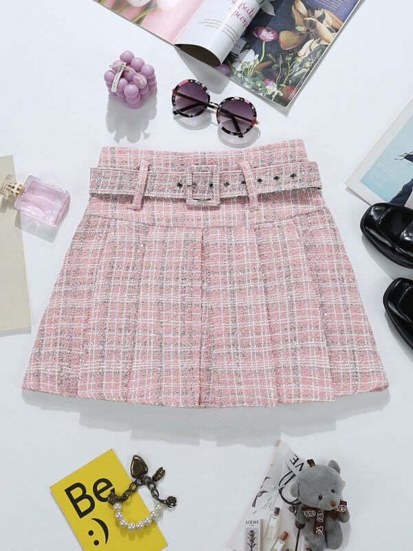 Tweed Bright Silk Plaid Skirt Women's High Sense A- Line $34.50 Dana Fashion Color: Pink Size: L Women's clothing Product information: Pattern: stripes/Plaid Fabric name: Tweed Skirt type: pleated skirt Color: apricot, pink, blue, black Elasticity: Micro