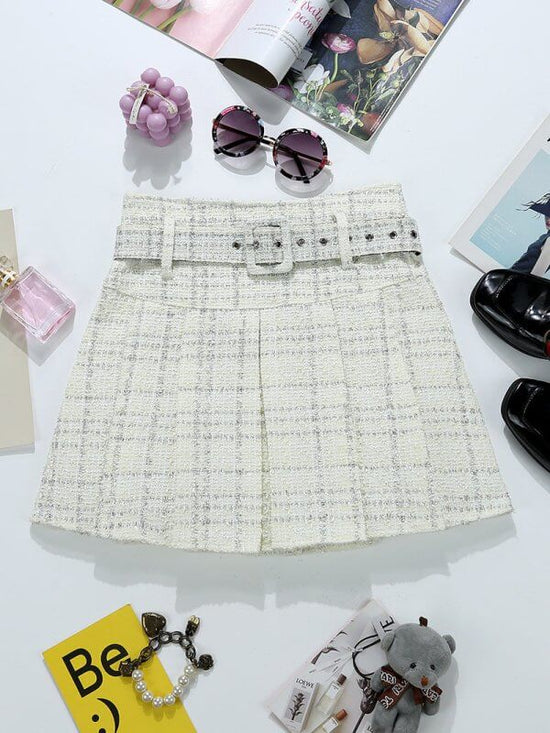 Tweed Bright Silk Plaid Skirt Women's High Sense A- Line $34.50 Dana Fashion Color: Apricot Size: L Women's clothing Product information: Pattern: stripes/Plaid Fabric name: Tweed Skirt type: pleated skirt Color: apricot, pink, blue, black Elasticity: Mic