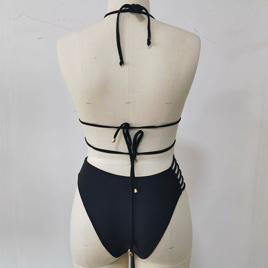 Two-piece Halter Neck Bikini Leopard Print Cutout Strap Swimsuit Set Summer Beach Womens Clothing $33.14 Dana Fashion Color: Black Size: L Women's clothing Overview: Unique design, stylish and beautiful. Good material, comfortable wear. A variety of color
