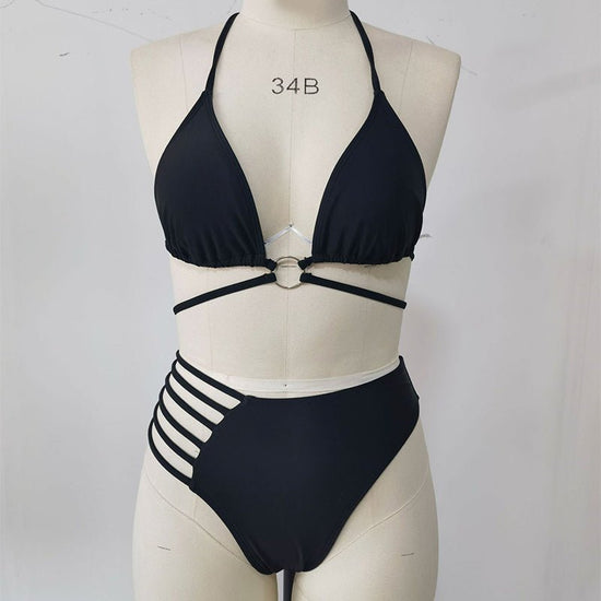 Two-piece Halter Neck Bikini Leopard Print Cutout Strap Swimsuit Set Summer Beach Womens Clothing $33.14 Dana Fashion Color: Black Size: L Women's clothing Overview: Unique design, stylish and beautiful. Good material, comfortable wear. A variety of color