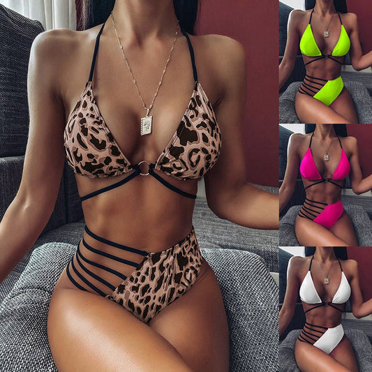 Two-piece Halter Neck Bikini Leopard Print Cutout Strap Swimsuit Set Summer Beach Womens Clothing $33.14 Dana Fashion Color: Black Size: L Women's clothing Overview: Unique design, stylish and beautiful. Good material, comfortable wear. A variety of color