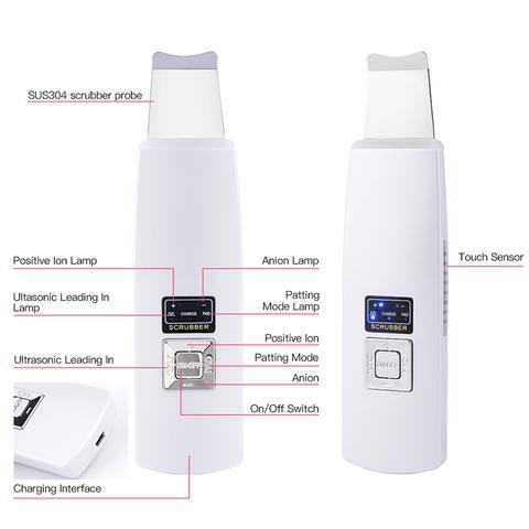 Ultrasonic Skin Scrubber Face Cleanser Blackhead Acne Removal Facial Spa Vibration Massager Ultrasound Peeling Clean Machine 394 $43.50 Dana Fashion specification: EU Beauty Tools Produc Ultrasonic shovel blade function 1, pain sore: Ultrasonic vibration,