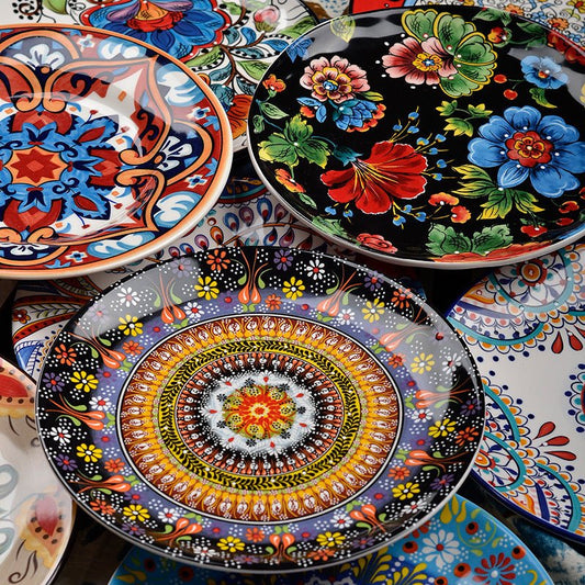 Underglaze Ceramic Tableware Bohemian Household Dishes $41.39 Dana Fashion Color: A1 Dana's Kitchen Product information: Product category: Bowl Material: Ceramic Pattern: Flower Shape: Round Color: A, B, C, D, E, F, G, H, L, M A1: Red Polkadot - 8 inch di