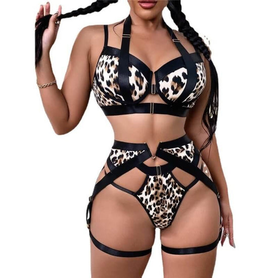 Underwear Leopard Print Three-point Underwear Set Straps $29.50 Dana Fashion Color: Leopard print Size: 2XL Women's clothing Product Information: Style: three-pointed Fabric name: polyester Applicable gender: female Color：Leopard print Main fabric content
