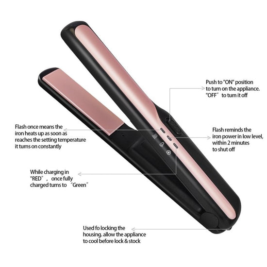 USB wireless charging hair straightener $47.76 Dana Fashion Color: Black Beauty Tools Product Category: Hair Straightener Applicable hair: wet and dry Heat conductor material: tourmaline ceramic Diameter of heat conductor: 15mm or less Best modeling time: