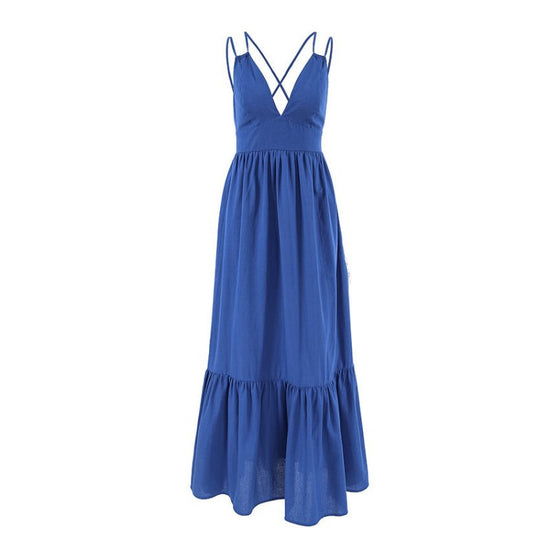 V-neck Backless Sling Dress Design Women $44.00 Dana Fashion Color: Blue Size: L Women's clothing Product information: Color: blue Waist type: high waist Size: S,M,L Popular elements: no back Fabric name: Cotton Sleeve length: sleeveless Skirt Category: D