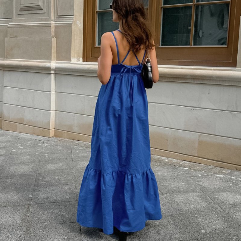 V-neck Backless Sling Dress Design Women $44.00 Dana Fashion Color: Blue Size: L Women's clothing Product information: Color: blue Waist type: high waist Size: S,M,L Popular elements: no back Fabric name: Cotton Sleeve length: sleeveless Skirt Category: D