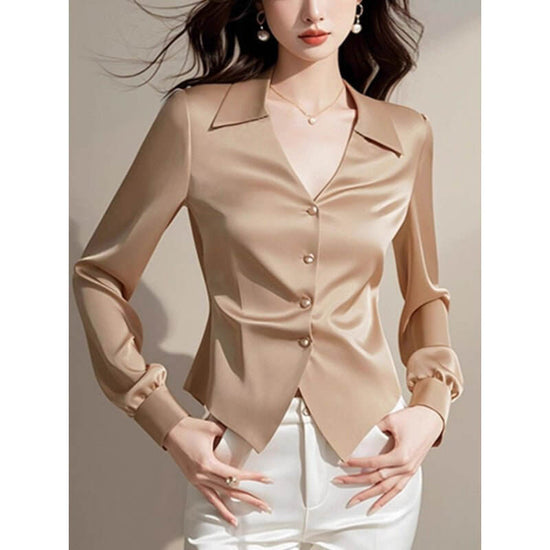 V-neck Long Sleeve Waist Trimming Shirt Women $54.50 Dana Fashion Color: Apricot Shirt Size: L Women's clothing Product information: Color: apricot shirt Sleeve type: regular sleeve Main fabric composition: Polyester (polyester fiber) Size: S,M,L,XL Style