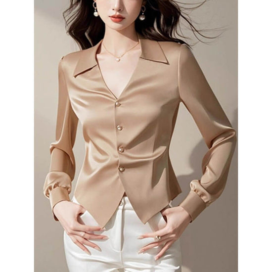 V-neck Long Sleeve Waist Trimming Shirt Women $54.50 Dana Fashion Color: Apricot Shirt Size: L Women's clothing Product information: Color: apricot shirt Sleeve type: regular sleeve Main fabric composition: Polyester (polyester fiber) Size: S,M,L,XL Style