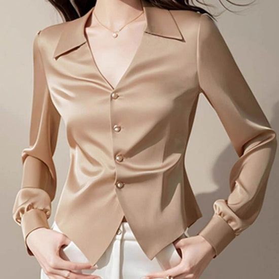 V-neck Long Sleeve Waist Trimming Shirt Women $54.50 Dana Fashion Color: Apricot Shirt Size: L Women's clothing Product information: Color: apricot shirt Sleeve type: regular sleeve Main fabric composition: Polyester (polyester fiber) Size: S,M,L,XL Style