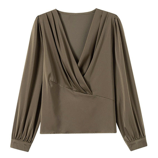 V-neck Satin Long-sleeved Shirt Women's Professional Bottoming Shirt $50.00 Dana Fashion Color: Black Size: 2XL Women's clothing Product information: Color: white, black, khaki Sleeve type: regular sleeve Main fabric composition: Polyester Fiber (polyeste
