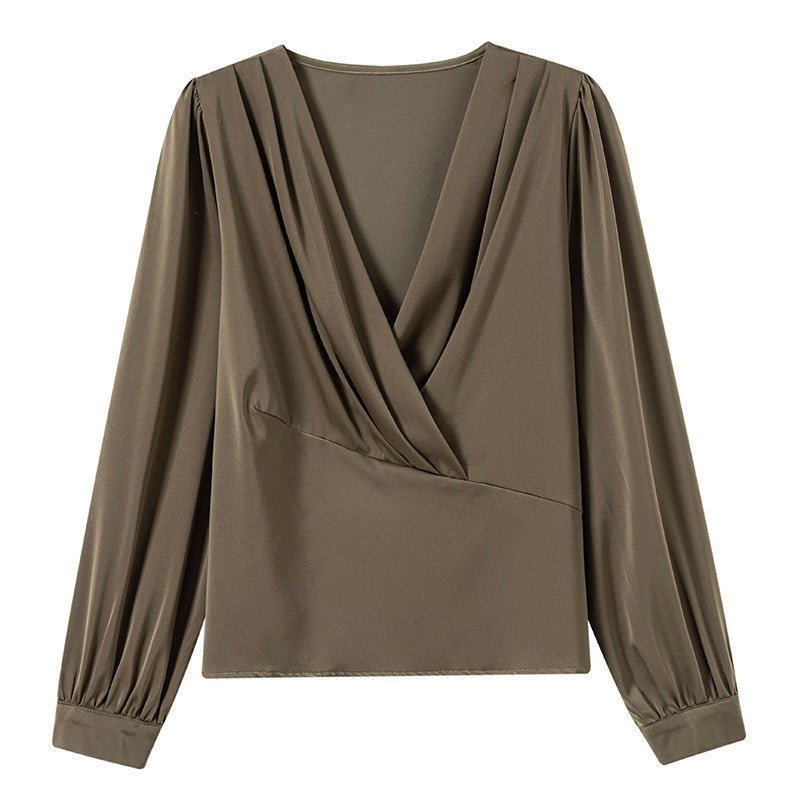 V-neck Satin Long-sleeved Shirt Women's Professional Bottoming Shirt $50.00 Dana Fashion Color: Black Size: 2XL Women's clothing Product information: Color: white, black, khaki Sleeve type: regular sleeve Main fabric composition: Polyester Fiber (polyeste