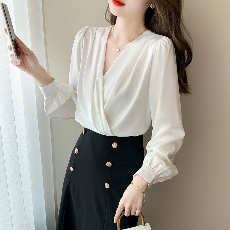 V-neck Satin Long-sleeved Shirt Women's Professional Bottoming Shirt $50.00 Dana Fashion Color: White Size: 2XL Women's clothing Product information: Color: white, black, khaki Sleeve type: regular sleeve Main fabric composition: Polyester Fiber (polyeste