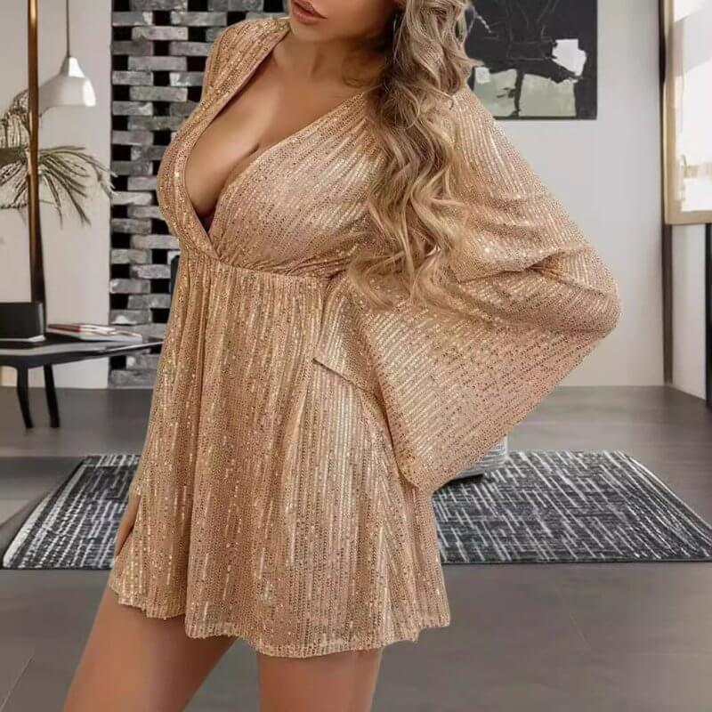 V-neck Sequin Waist Slimming Senior Party Evening Dress $49.90 Dana Fashion Color: Apricot Size: L Women's clothing Product information: Pattern: solid color Skirt-type: patchwork skirt Color: black, red, pink, blue, apricot, Rose Waist type: loose waist