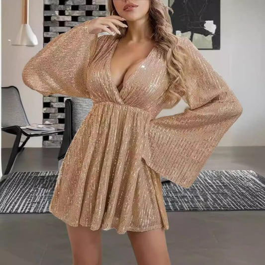V-neck Sequin Waist Slimming Senior Party Evening Dress $49.90 Dana Fashion Color: Apricot Size: L Women's clothing Product information: Pattern: solid color Skirt-type: patchwork skirt Color: black, red, pink, blue, apricot, Rose Waist type: loose waist