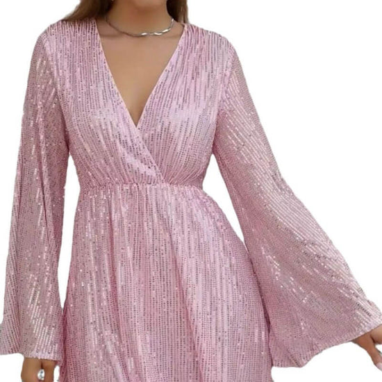 V-neck Sequin Waist Slimming Senior Party Evening Dress $49.90 Dana Fashion Color: Apricot Size: L Women's clothing Product information: Pattern: solid color Skirt-type: patchwork skirt Color: black, red, pink, blue, apricot, Rose Waist type: loose waist