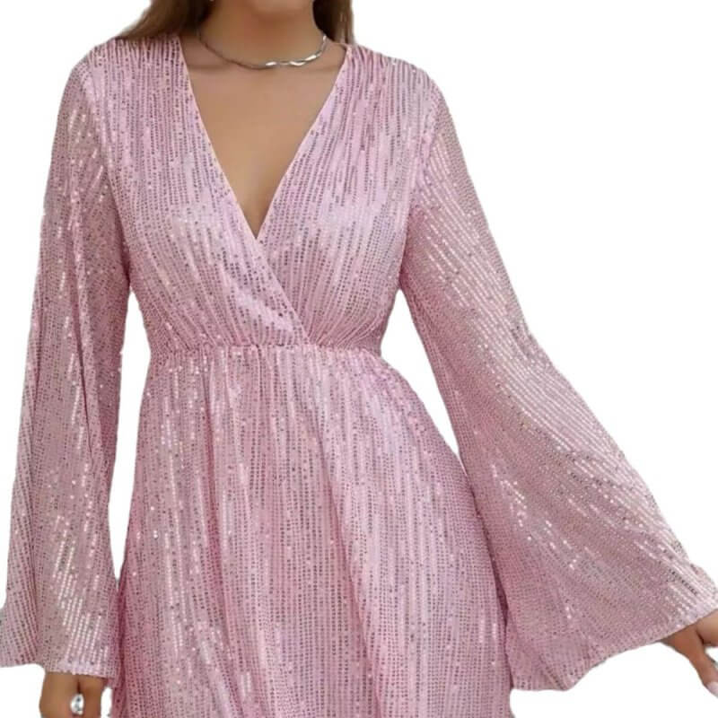 V-neck Sequin Waist Slimming Senior Party Evening Dress $49.90 Dana Fashion Color: Apricot Size: L Women's clothing Product information: Pattern: solid color Skirt-type: patchwork skirt Color: black, red, pink, blue, apricot, Rose Waist type: loose waist